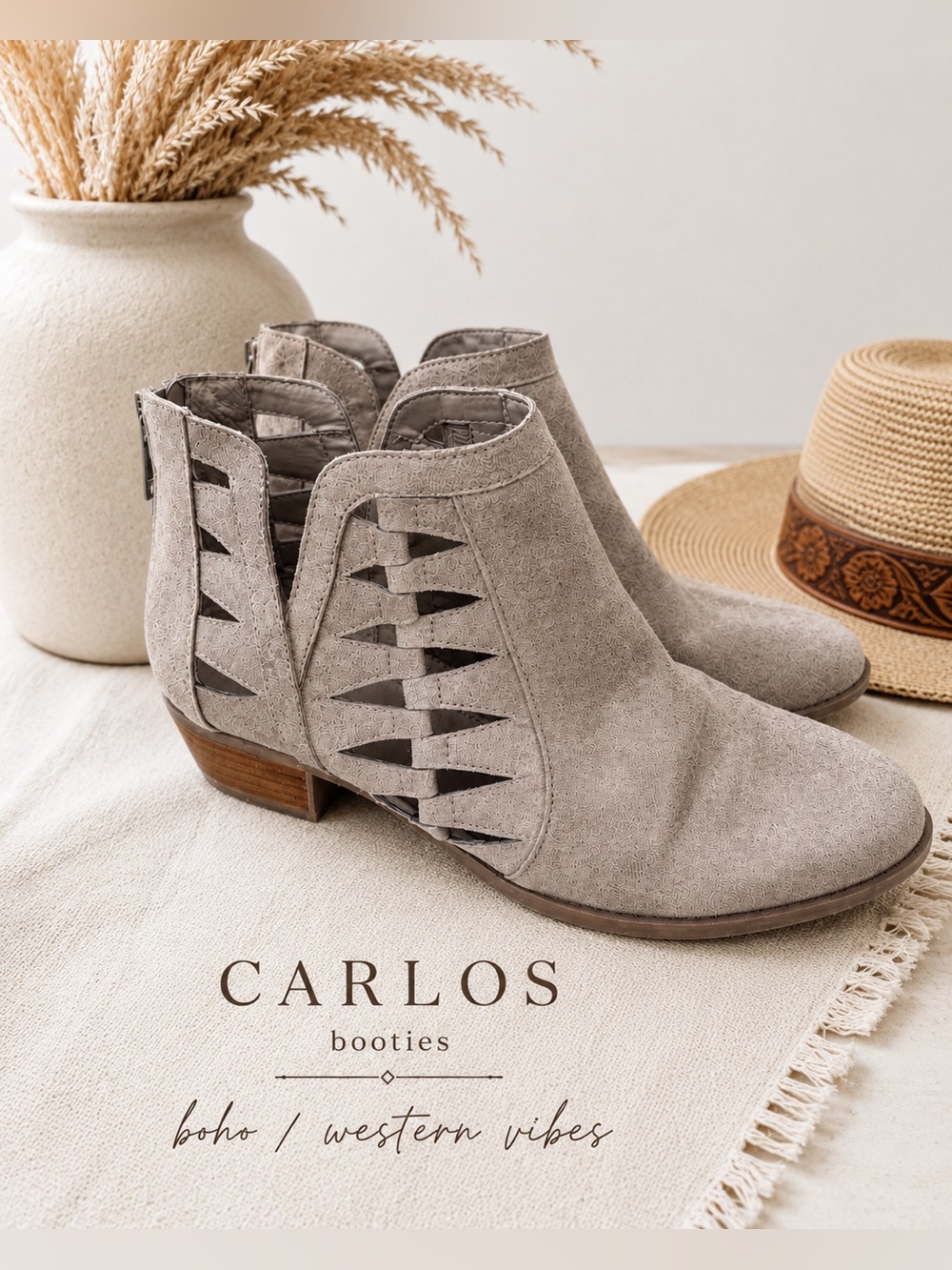 Carlos by Carlos Santana Cutout Ankle Booties Taupe Boho Western EUC size 8.5